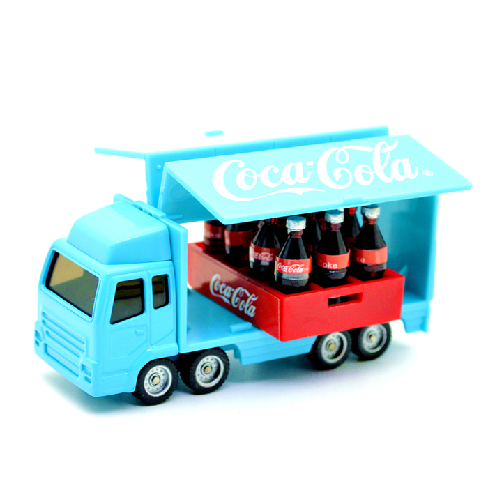 코카콜라 모델 코카콜라 COCACOLA 미니 블루 수송 트럭 트럭 컨테이너 트럭 모델의 바구니 첨부