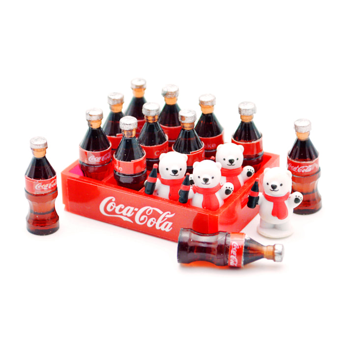 콜라 12 개와 북극곰 인형 4 개 바구니 코카콜라 미니어처 장면 모델 장식 장식품